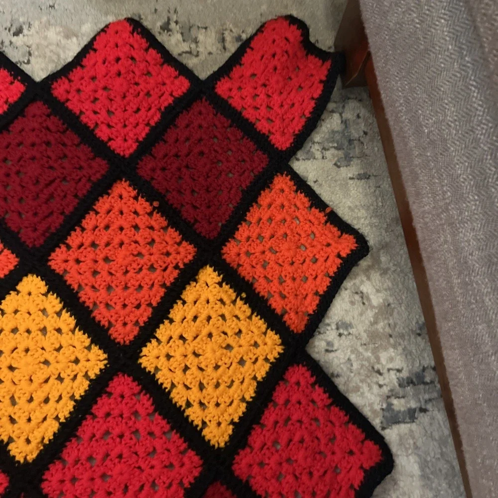 Vintage Hand Crocheted Granny Square Afghan Blanket Red Black Orange 64 By 56